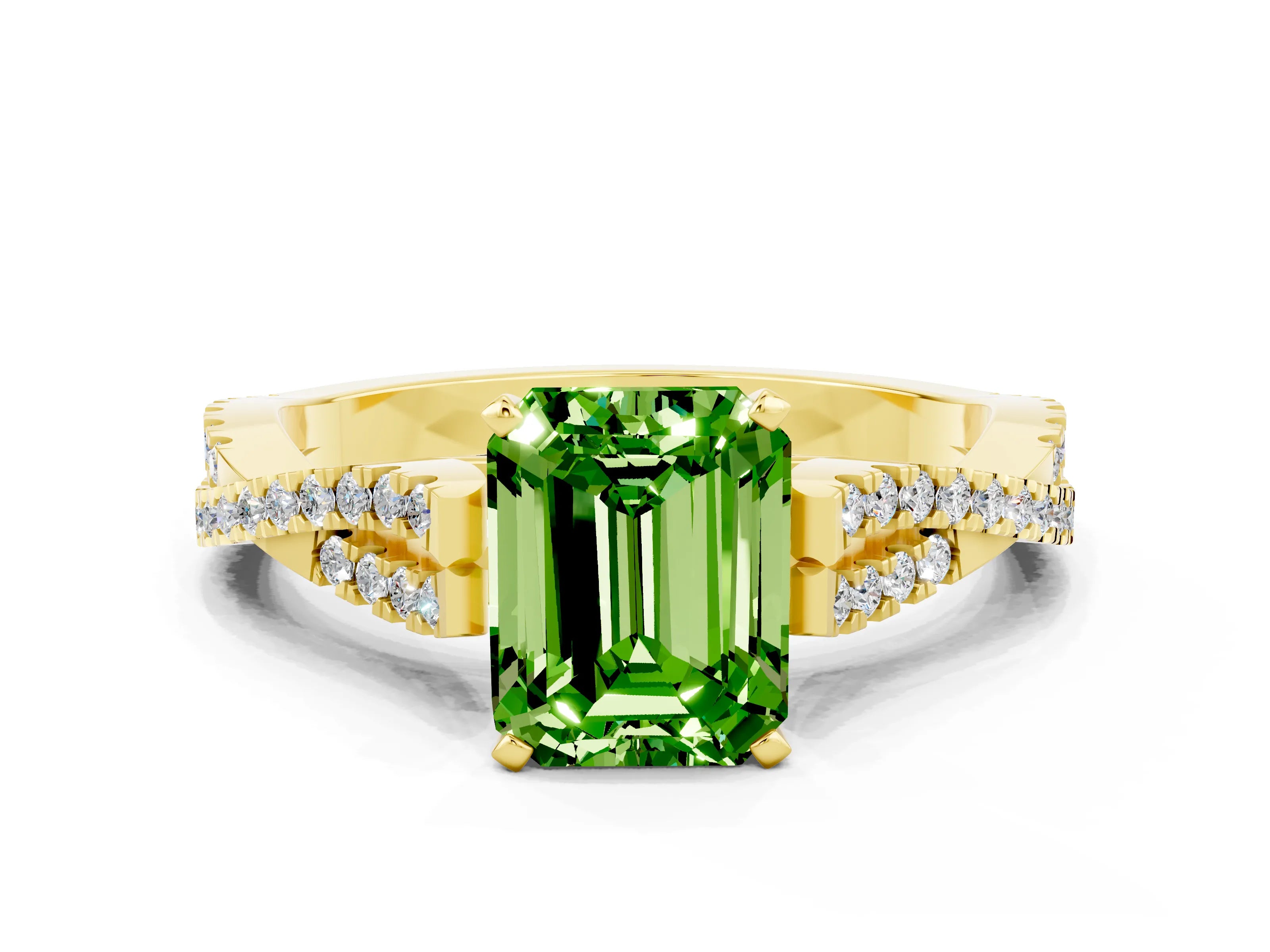 Yellow gold Emerald Cut Peridot Solitaire Engagement Ring with Twisted Pavé Band and Four-Prong Setting