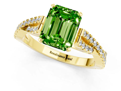 Yellow gold Emerald Cut Peridot Solitaire Engagement Ring with Twisted Pavé Band and Four-Prong Setting_1