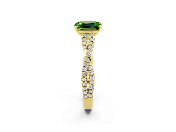 Yellow gold Emerald Cut Peridot Solitaire Engagement Ring with Twisted Pavé Band and Four-Prong Setting
