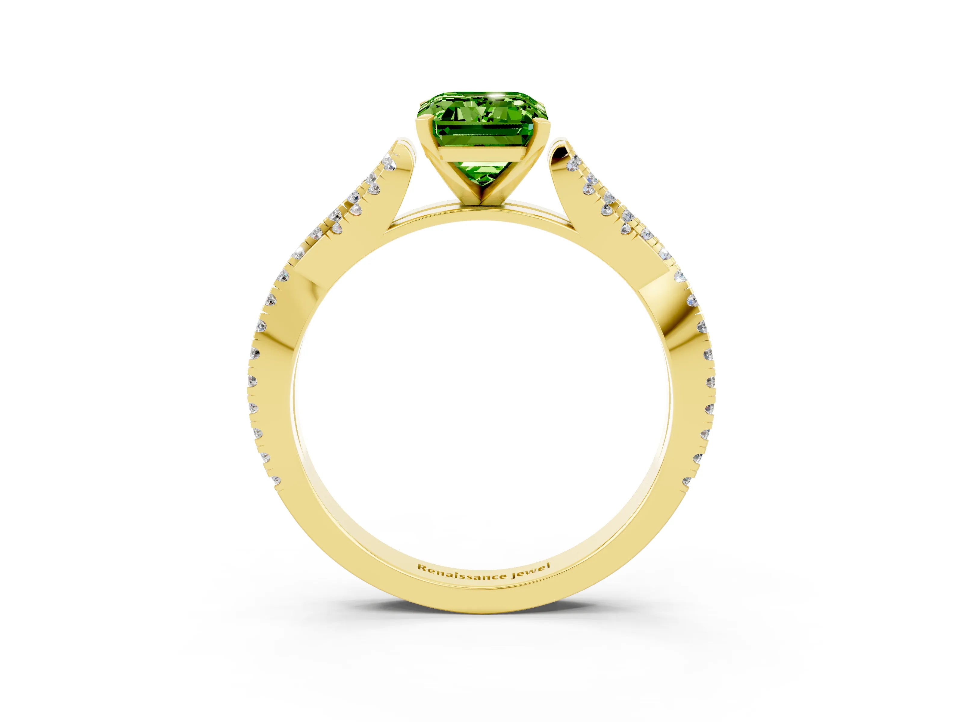 Yellow gold Emerald Cut Peridot Solitaire Engagement Ring with Twisted Pavé Band and Four-Prong Setting_3