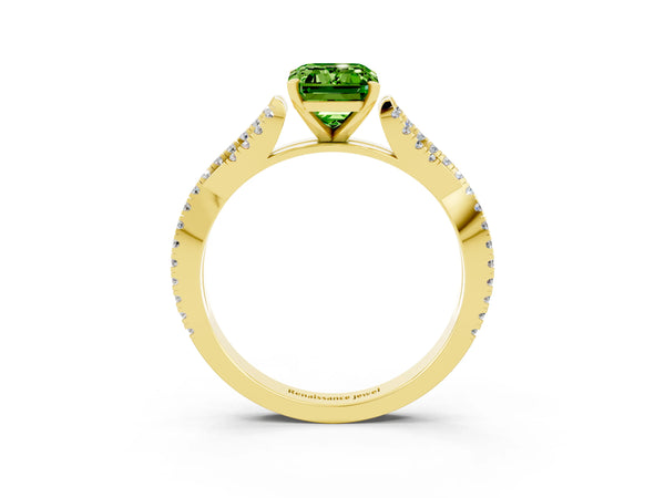 Yellow gold Emerald Cut Peridot Solitaire Engagement Ring with Twisted Pavé Band and Four-Prong Setting