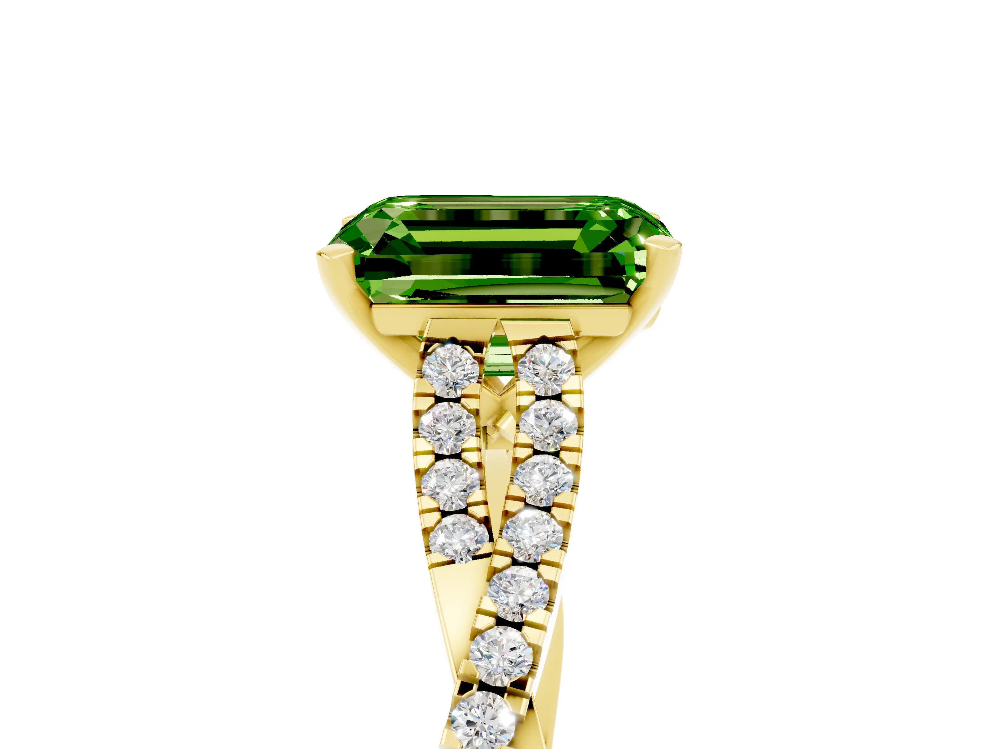 Yellow gold Emerald Cut Peridot Solitaire Engagement Ring with Twisted Pavé Band and Four-Prong Setting_5