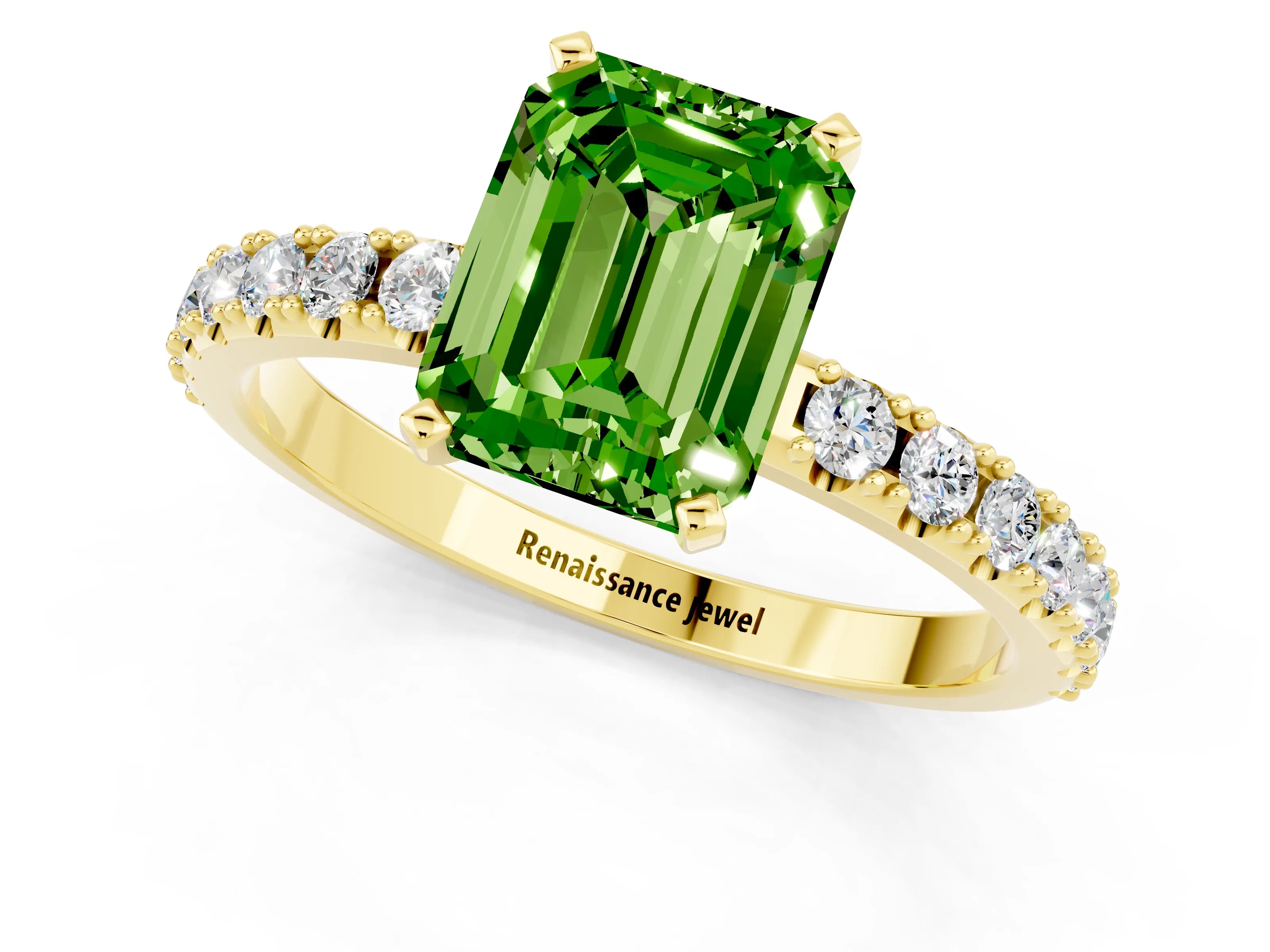 Yellow gold Emerald Cut Peridot Solitaire Pavé Band with Four-Prong Setting_1