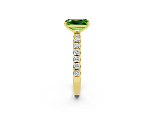 Yellow gold Emerald Cut Peridot Solitaire Pavé Band with Four-Prong Setting