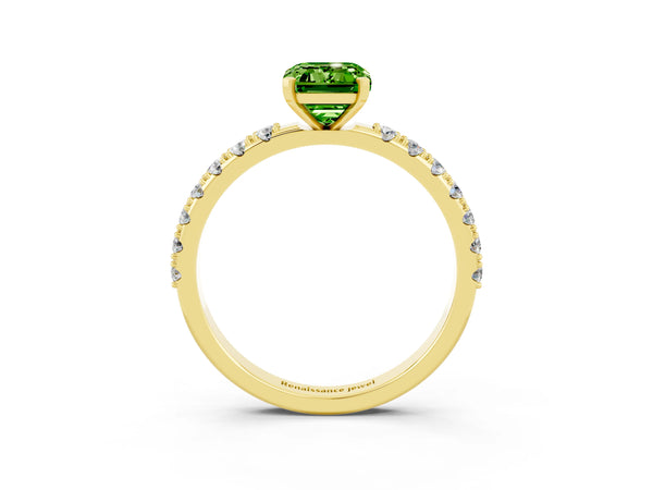 Yellow gold Emerald Cut Peridot Solitaire Pavé Band with Four-Prong Setting