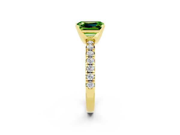 Yellow gold Emerald Cut Peridot Solitaire Pavé Engagement Ring with Round Band and Prong Setting