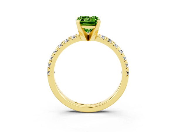 Yellow gold Emerald Cut Peridot Solitaire Pavé Engagement Ring with Round Band and Prong Setting