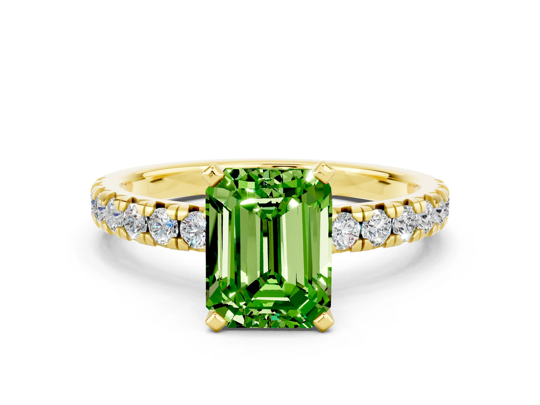 Yellow gold Emerald Cut Peridot Solitaire Pavé Engagement Ring with Round Band and Prong Setting_54
