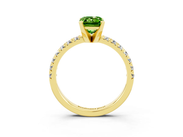 Yellow gold Emerald Cut Peridot Solitaire Pavé Engagement Ring with Round Band and Prong Setting