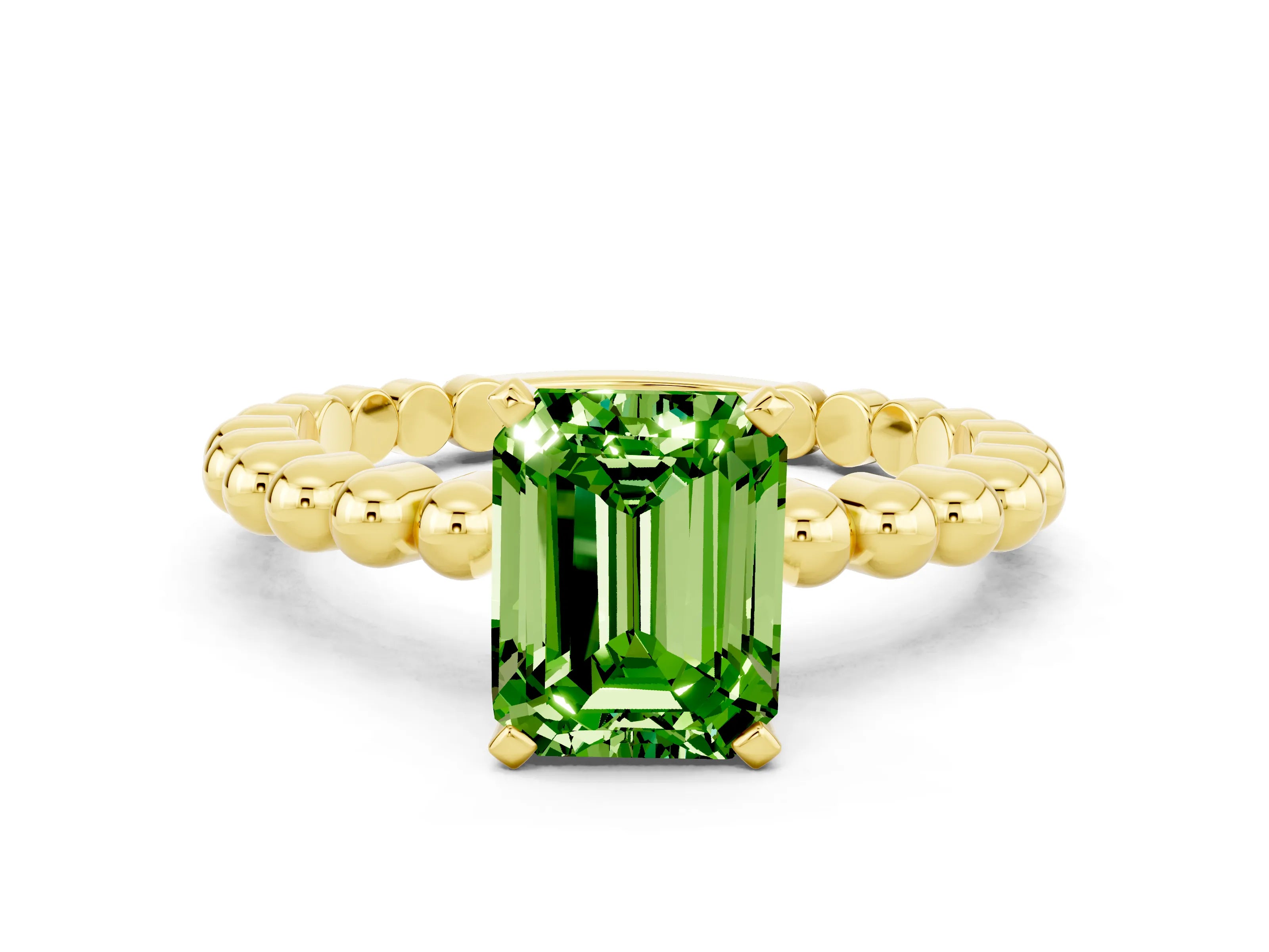 Yellow gold Emerald Cut Peridot Solitaire Ring with Beaded Band and Prong Setting