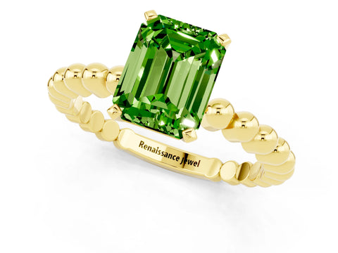 Yellow gold Emerald Cut Peridot Solitaire Ring with Beaded Band and Prong Setting_1