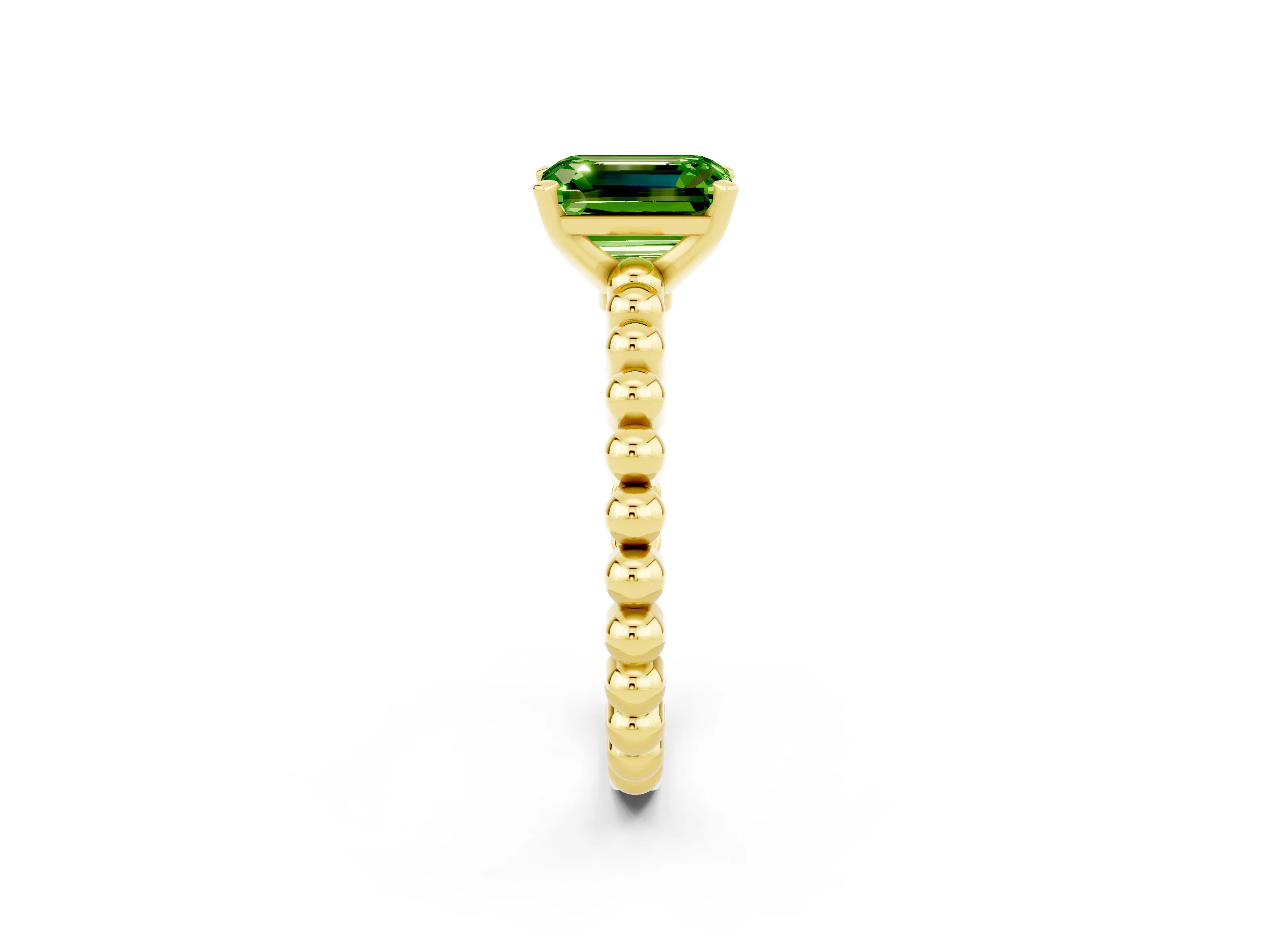 Yellow gold Emerald Cut Peridot Solitaire Ring with Beaded Band and Prong Setting_2