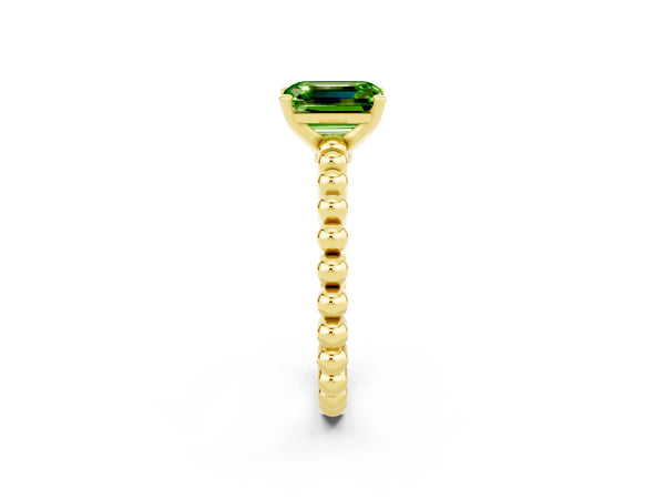 Yellow gold Emerald Cut Peridot Solitaire Ring with Beaded Band and Prong Setting
