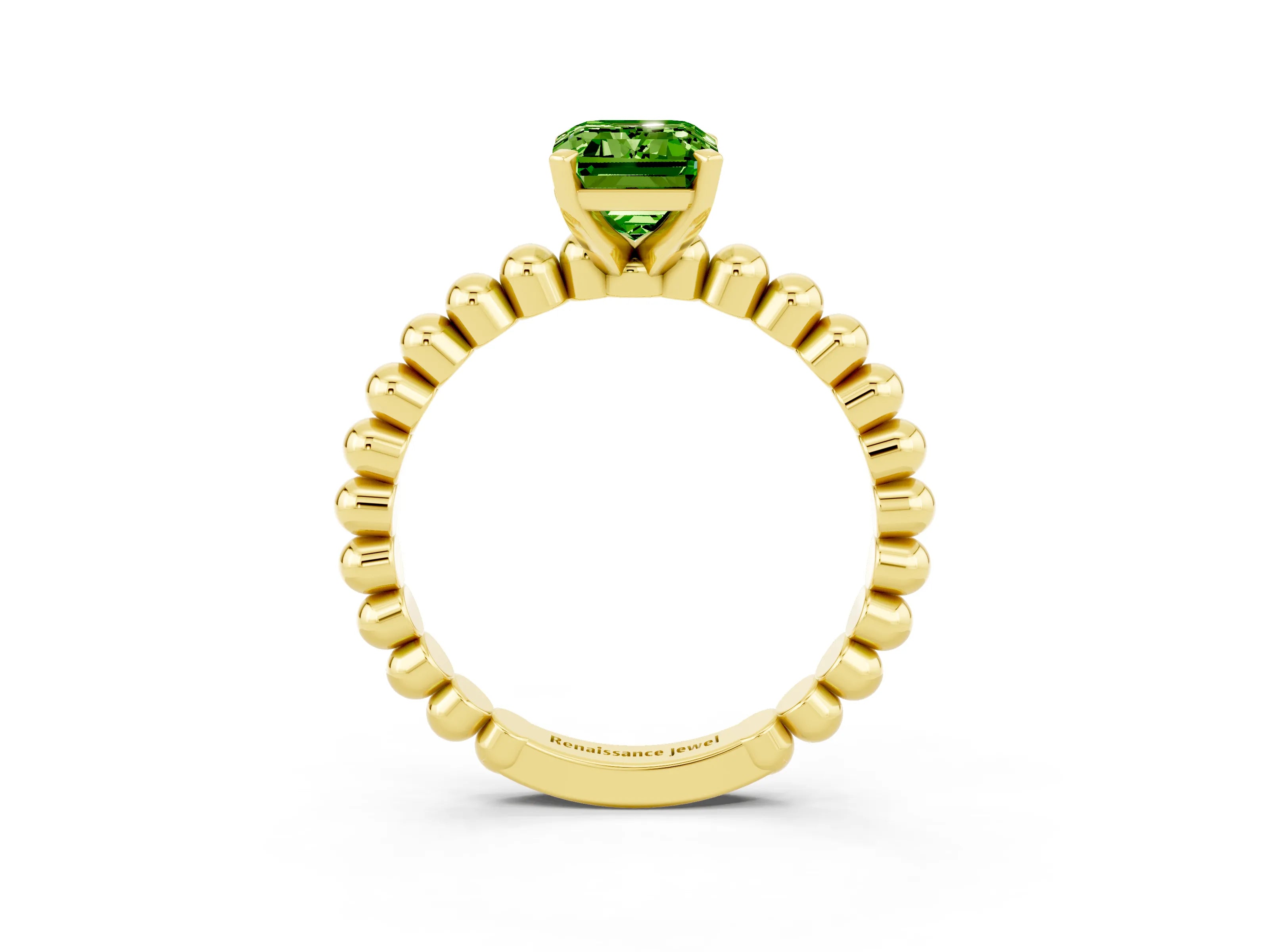 Yellow gold Emerald Cut Peridot Solitaire Ring with Beaded Band and Prong Setting_3