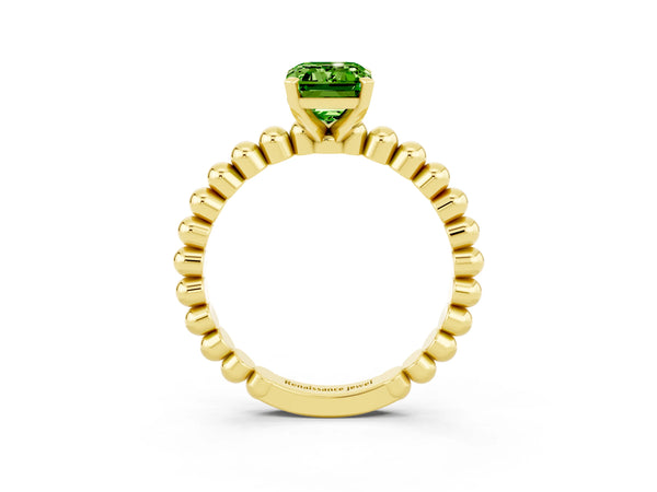 Yellow gold Emerald Cut Peridot Solitaire Ring with Beaded Band and Prong Setting