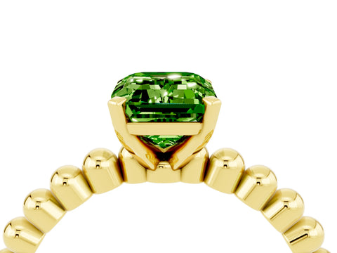 Yellow gold Emerald Cut Peridot Solitaire Ring with Beaded Band and Prong Setting_4