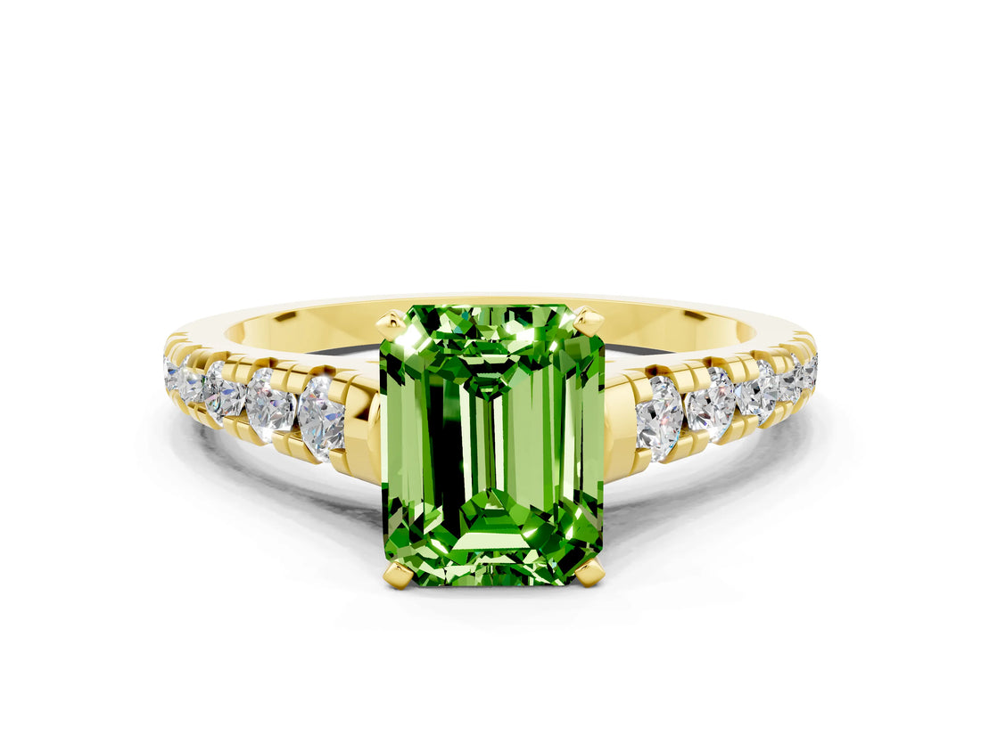 Yellow gold Emerald Cut Peridot Solitaire Ring with Cathedral Setting and Pavé Band