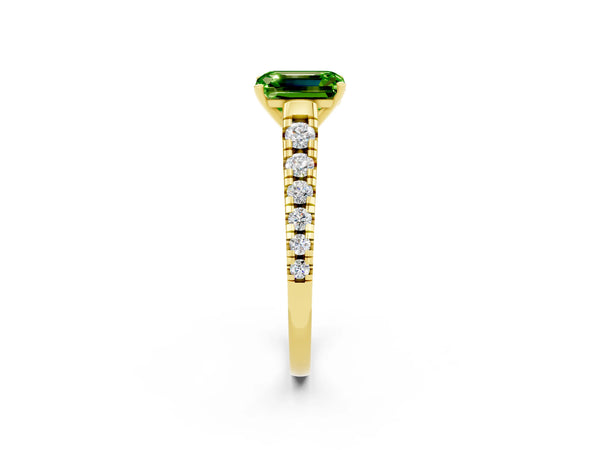 Yellow gold Emerald Cut Peridot Cathedral Solitaire Ring with Round  Pavé Band
