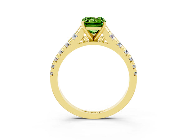 Yellow gold Emerald Cut Peridot Cathedral Solitaire Ring with Round  Pavé Band