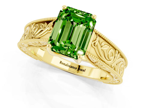 Yellow gold Emerald Cut Peridot Solitaire Ring with Engraved Band and Four-Prong Setting_1
