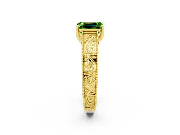 Yellow gold Emerald Cut Peridot Solitaire Ring with Engraved Band and Four-Prong Setting