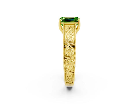Yellow gold Emerald Cut Peridot Solitaire Ring with Engraved Band and Four-Prong Setting_2