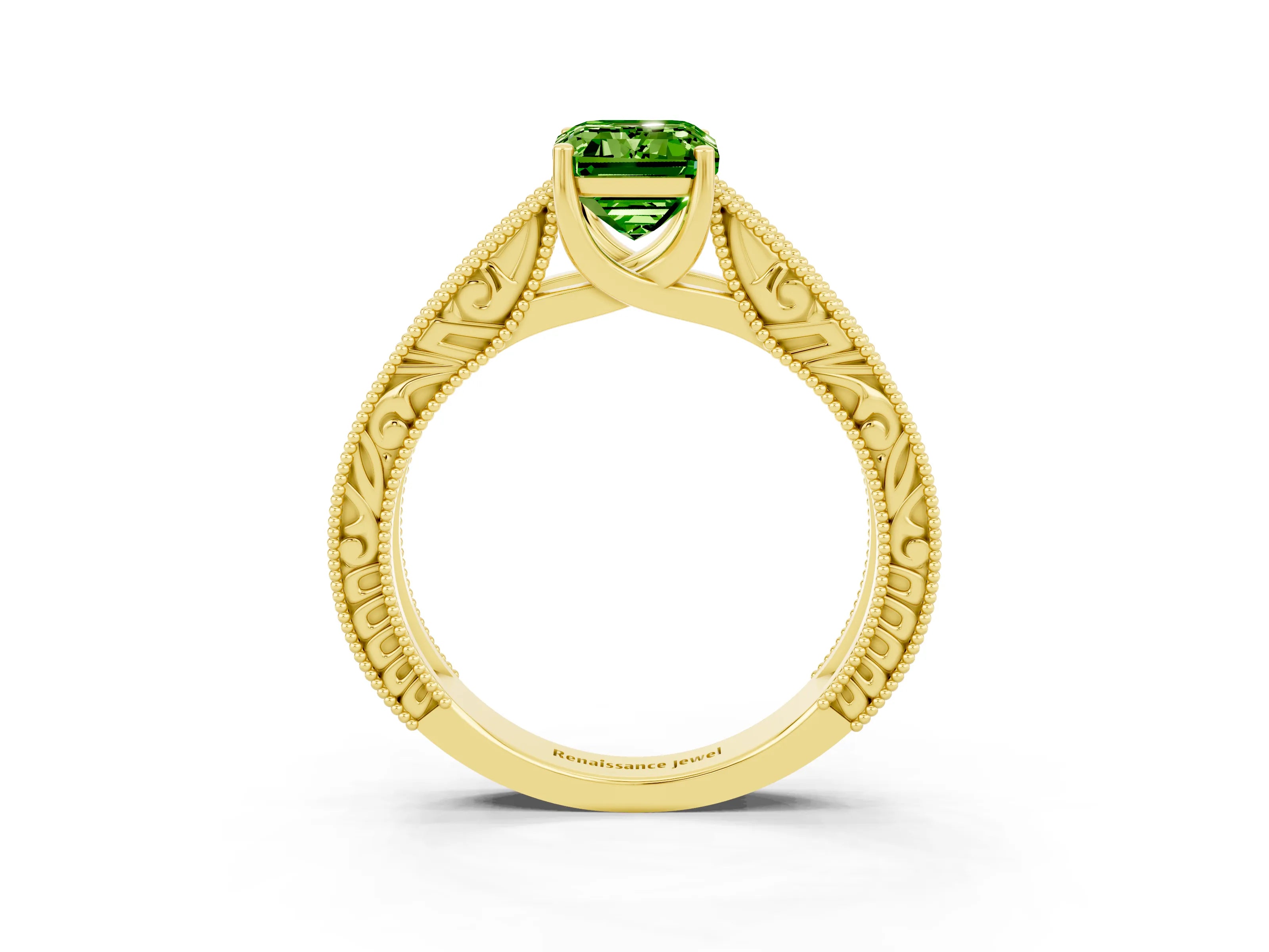 Yellow gold Emerald Cut Peridot Solitaire Ring with Engraved Band and Four-Prong Setting_3