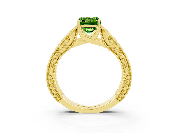 Yellow gold Emerald Cut Peridot Solitaire Ring with Engraved Band and Four-Prong Setting