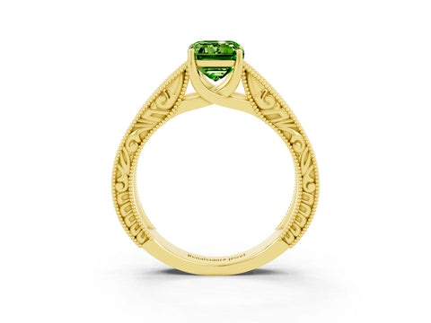 Yellow gold Emerald Cut Peridot Solitaire Ring with Engraved Band and Four-Prong Setting_3