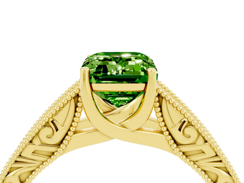 Yellow gold Emerald Cut Peridot Solitaire Ring with Engraved Band and Four-Prong Setting_4