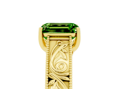 Yellow gold Emerald Cut Peridot Solitaire Ring with Engraved Band and Four-Prong Setting_5