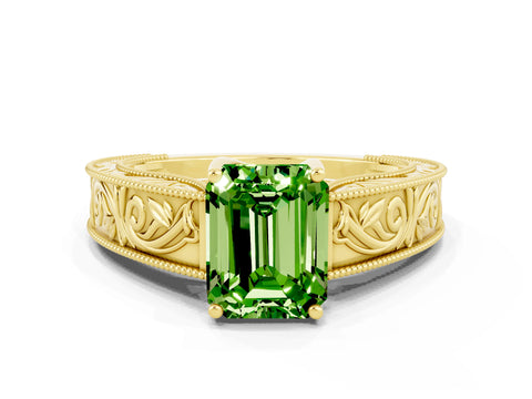 Yellow gold Emerald Cut Peridot Solitaire Ring with Engraved Band and Four-Prong Setting