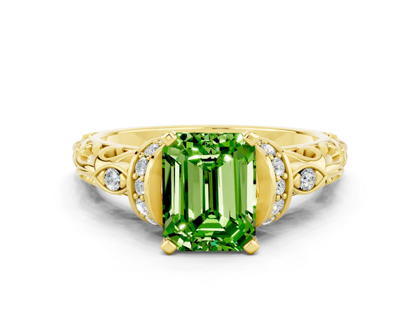 Yellow gold Emerald Cut Peridot Solitaire Ring with Filigree Band and Four-Prong Setting
