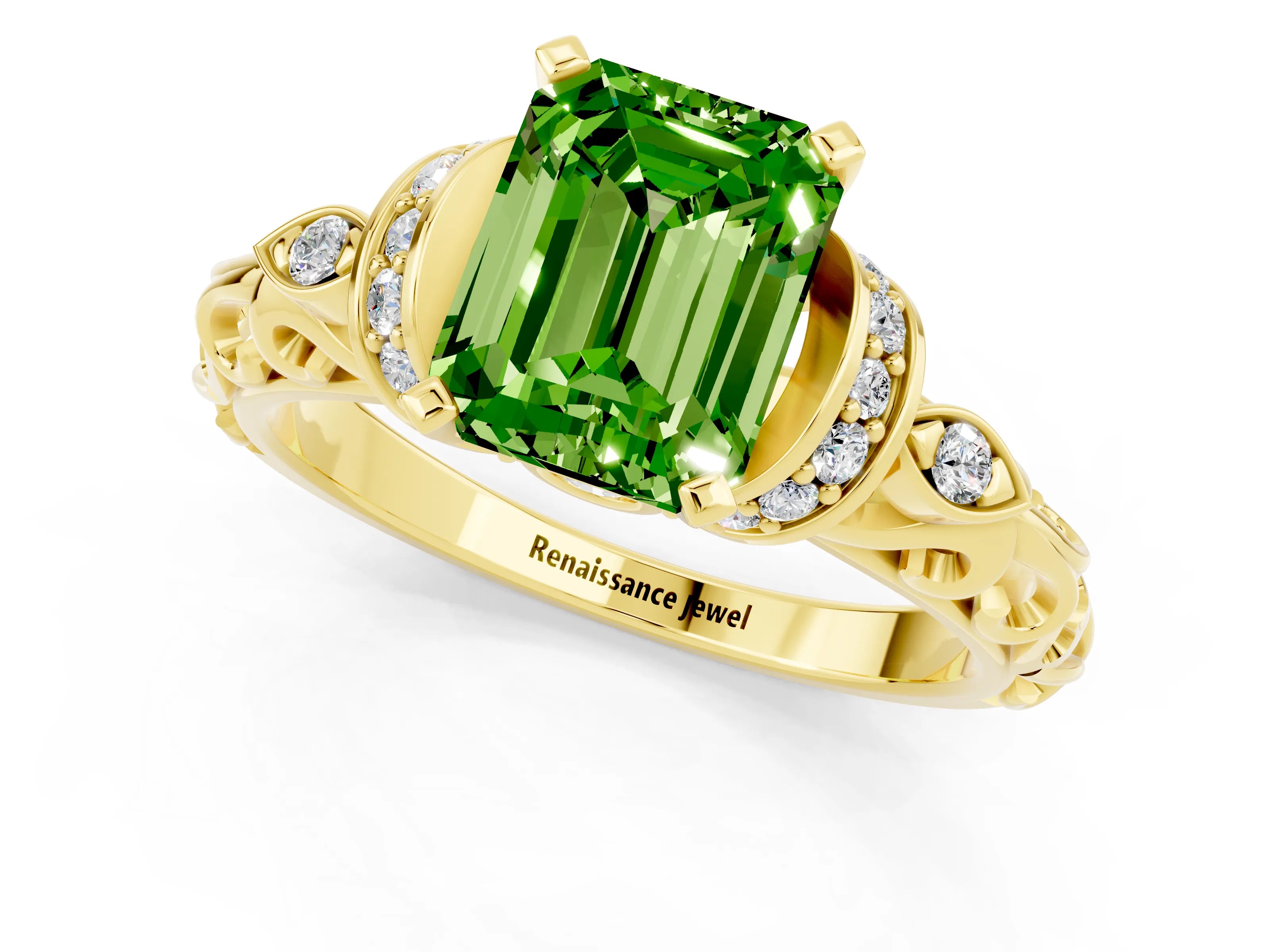 Yellow gold Emerald Cut Peridot Solitaire Ring with Filigree Band and Four-Prong Setting_45