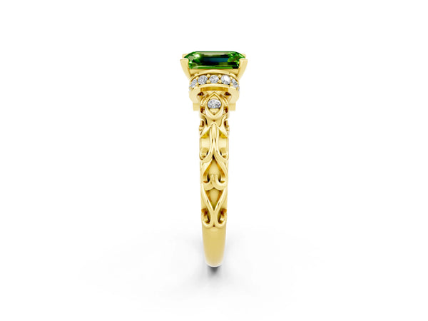 Yellow gold Emerald Cut Peridot Solitaire Ring with Filigree Band and Four-Prong Setting