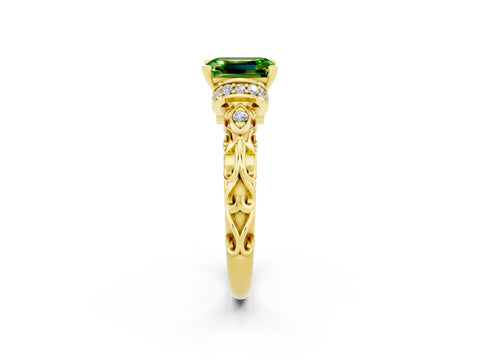 Yellow gold Emerald Cut Peridot Solitaire Ring with Filigree Band and Four-Prong Setting_46