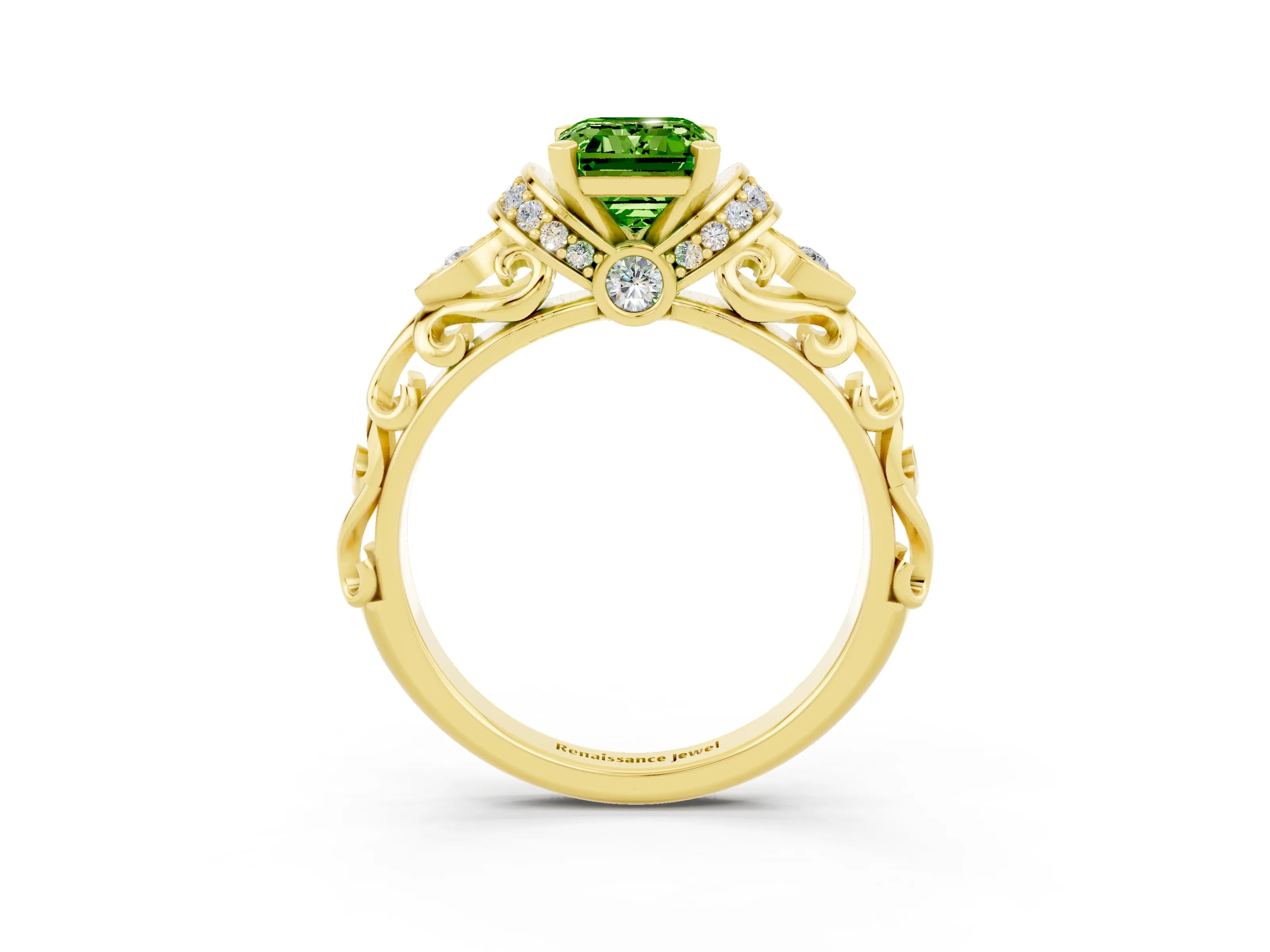 Yellow gold Emerald Cut Peridot Solitaire Ring with Filigree Band and Four-Prong Setting_47