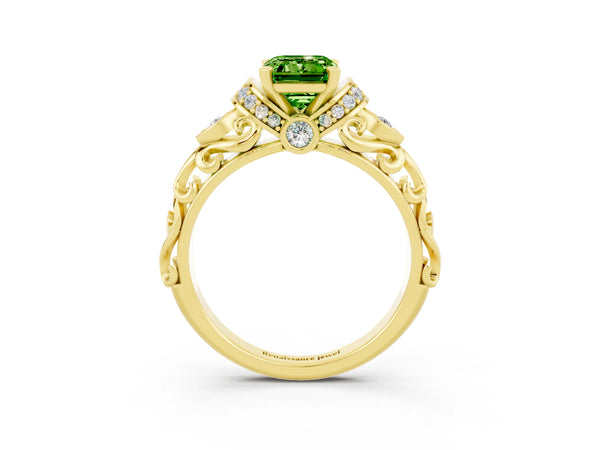 Yellow gold Emerald Cut Peridot Solitaire Ring with Filigree Band and Four-Prong Setting