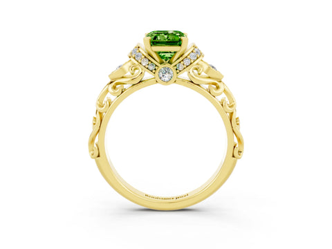 Yellow gold Emerald Cut Peridot Solitaire Ring with Filigree Band and Four-Prong Setting_47