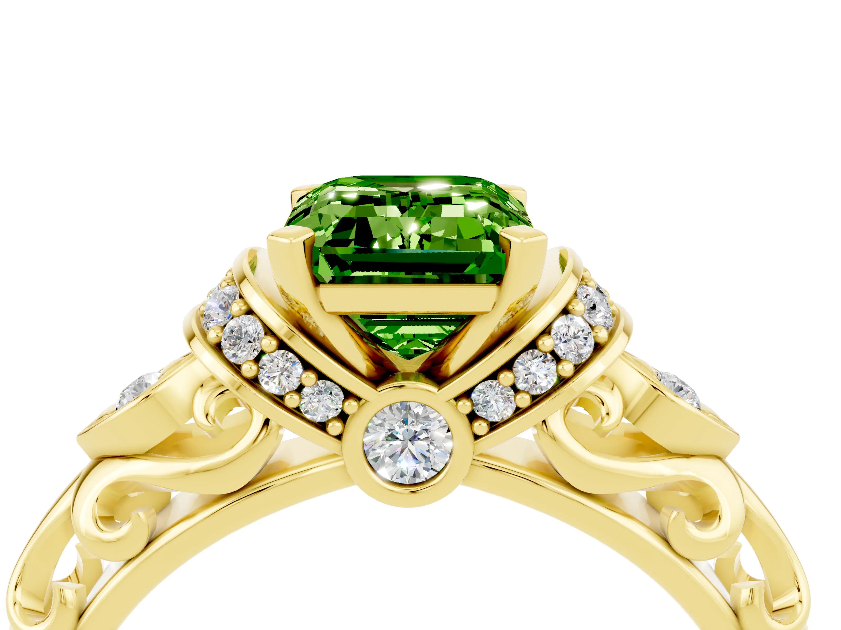 Yellow gold Emerald Cut Peridot Solitaire Ring with Filigree Band and Four-Prong Setting_48