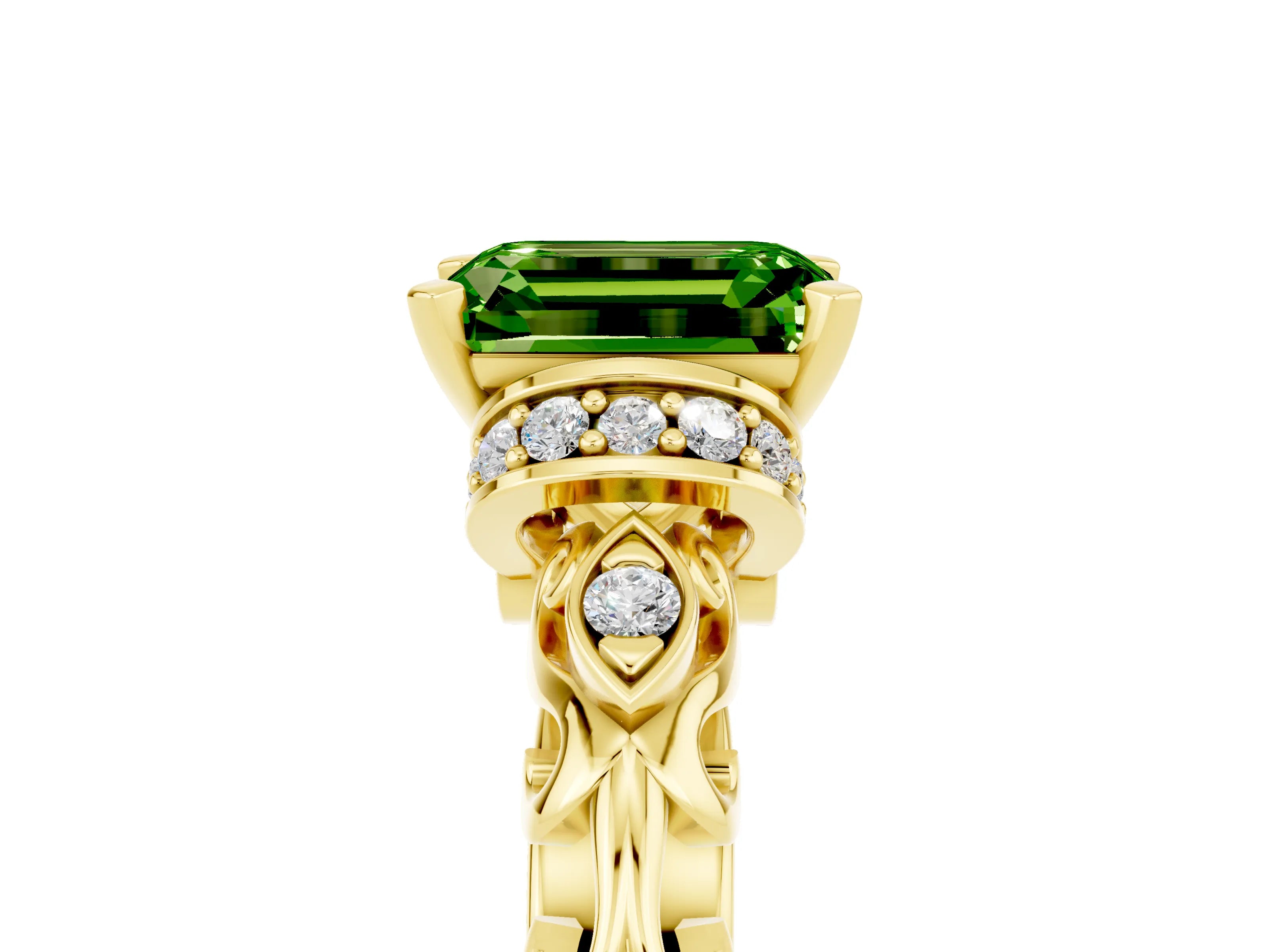 Yellow gold Emerald Cut Peridot Solitaire Ring with Filigree Band and Four-Prong Setting_49