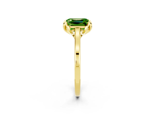 Yellow gold Emerald Cut Peridot Solitaire Ring with Flower Prong Setting and Classic Band