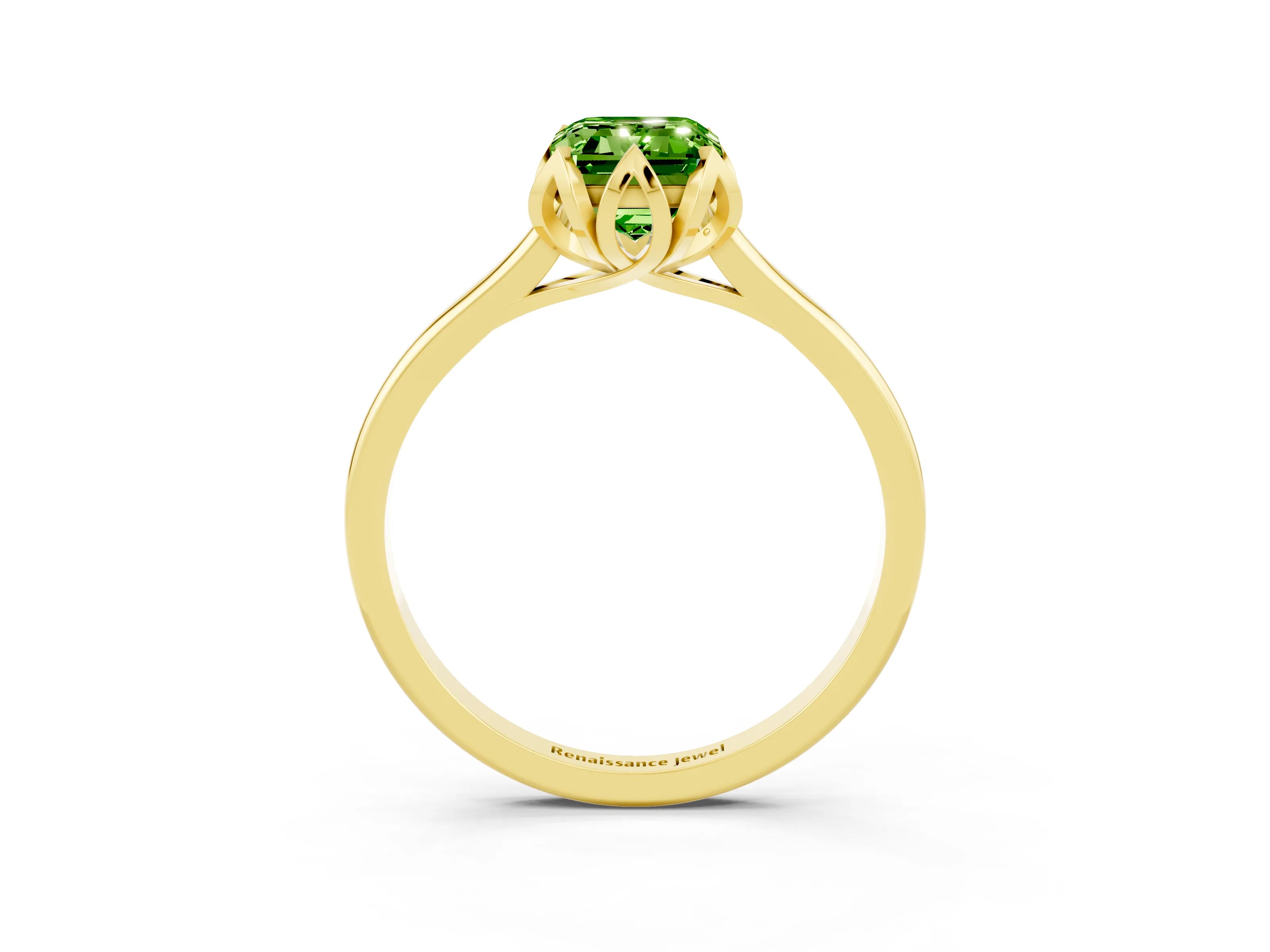 Yellow gold Emerald Cut Peridot Solitaire Ring with Flower Prong Setting and Classic Band_15