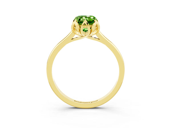 Yellow gold Emerald Cut Peridot Solitaire Ring with Flower Prong Setting and Classic Band