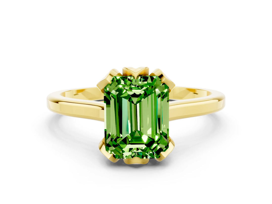 Yellow gold Emerald Cut Peridot Solitaire Ring with Flower Prong Setting and Classic Band_36