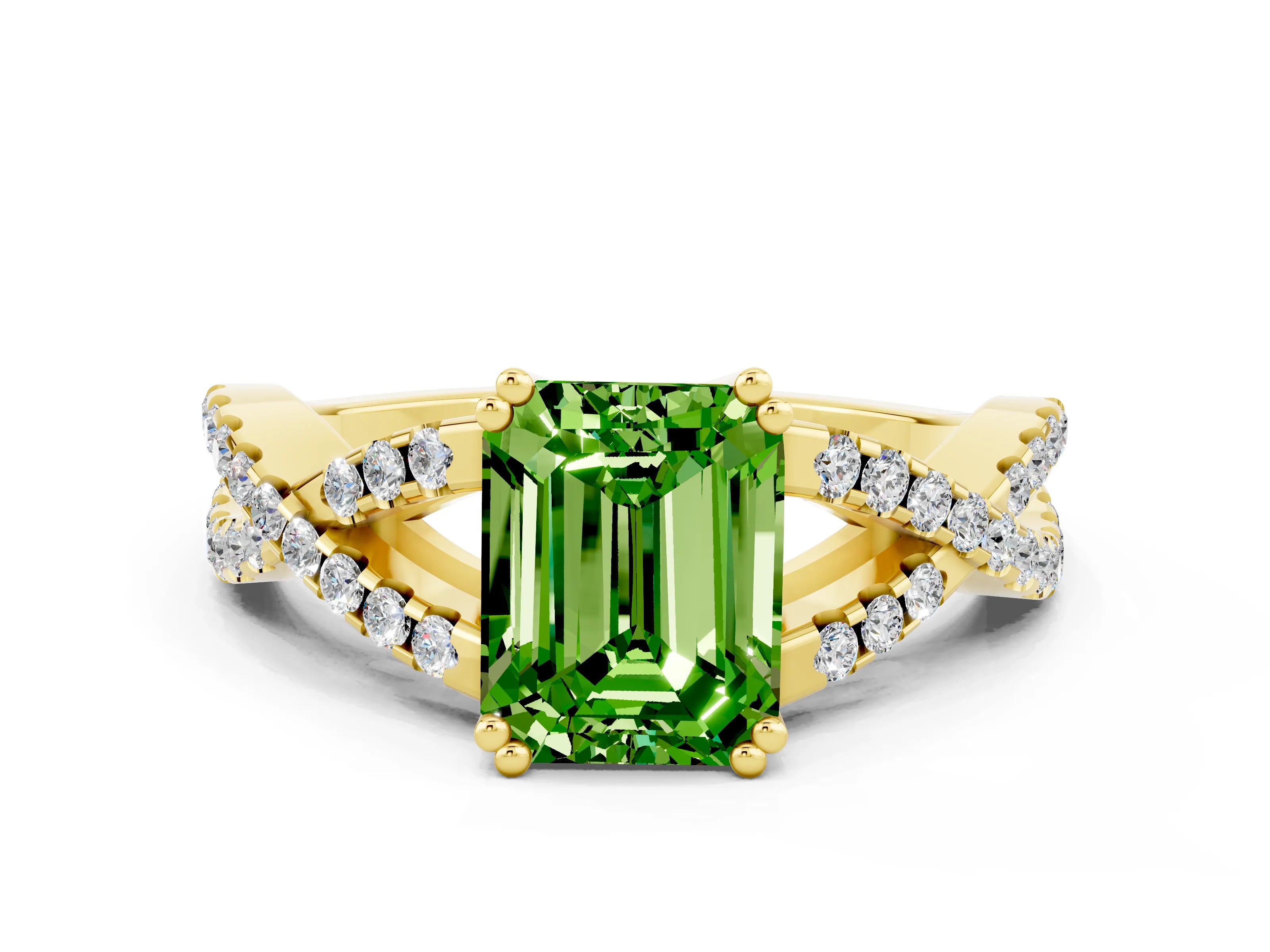 Yellow gold Emerald Cut Peridot Solitaire Ring with Four-Prong Setting and Twisted Pavé Band