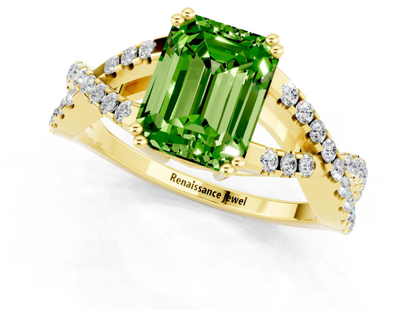 Yellow gold Emerald Cut Peridot Solitaire Ring with Four-Prong Setting and Twisted Pavé Band