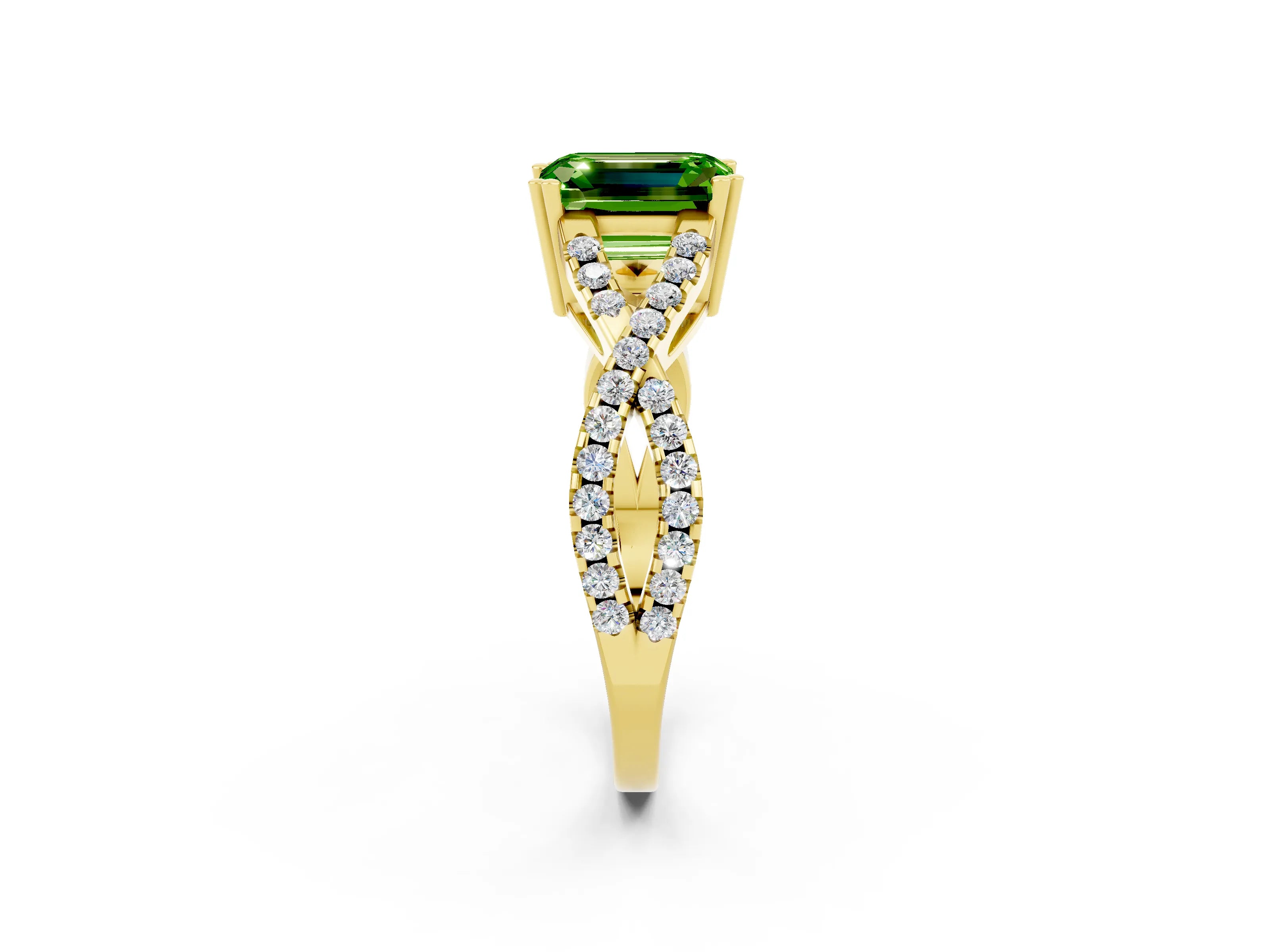 Yellow gold Emerald Cut Peridot Solitaire Ring with Four-Prong Setting and Twisted Pavé Band_2