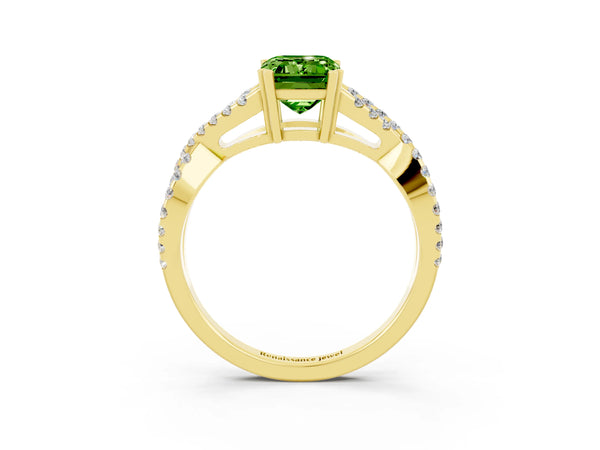 Yellow gold Emerald Cut Peridot Solitaire Ring with Four-Prong Setting and Twisted Pavé Band