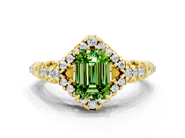 Yellow gold Emerald Cut Peridot Solitaire Ring with Hidden Halo and Pavé Band